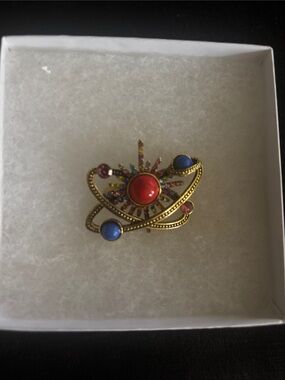 Gold-Tone Multicolor Celestial Brooch with Red Center